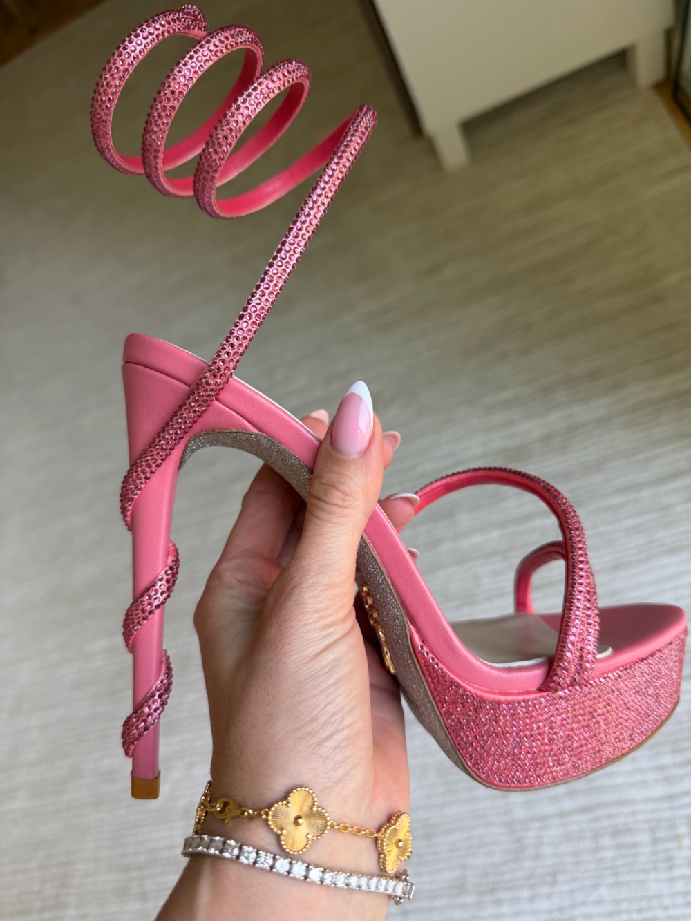 Pink Strappy Platform High-Heel Sandals with Wrap-Around Ankle